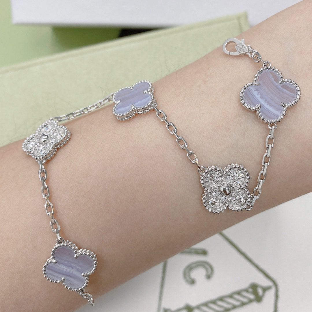 [AuraEcho Jewelry]CLOVER  5 MOTIF DIAMOND PURPLE CHALCEDONY BRACELET SILVER