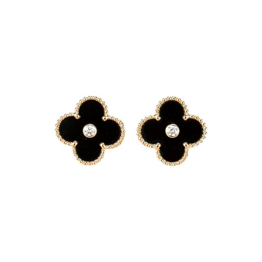 [AuraEcho Jewelry]CLOVER MEDIUM 1 MOTIFS ONYX DIAMOND EARRINGS