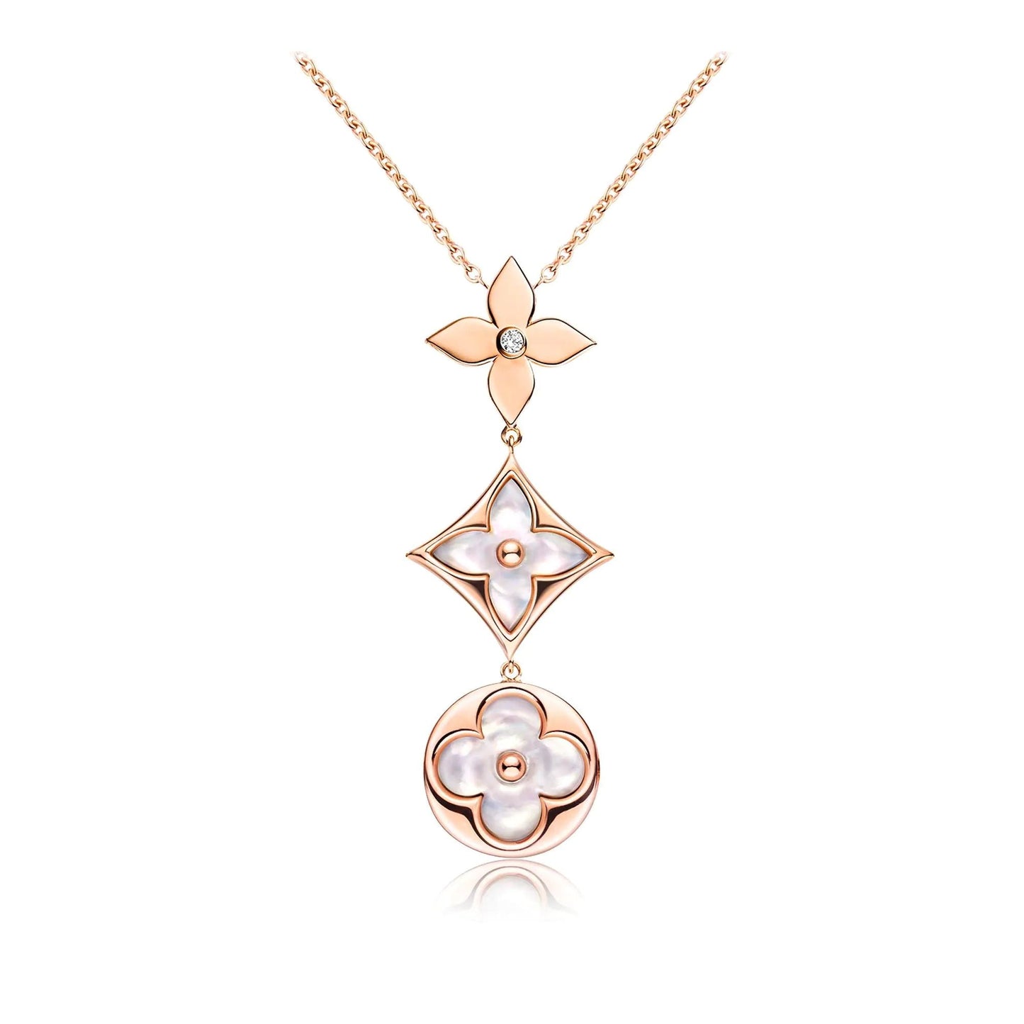 [AuraEcho Jewelry]COLOR BLOSSOM LARIAT NECKLACE PINK GOLD WHITE MOTHER PEARL AND DIAMOND