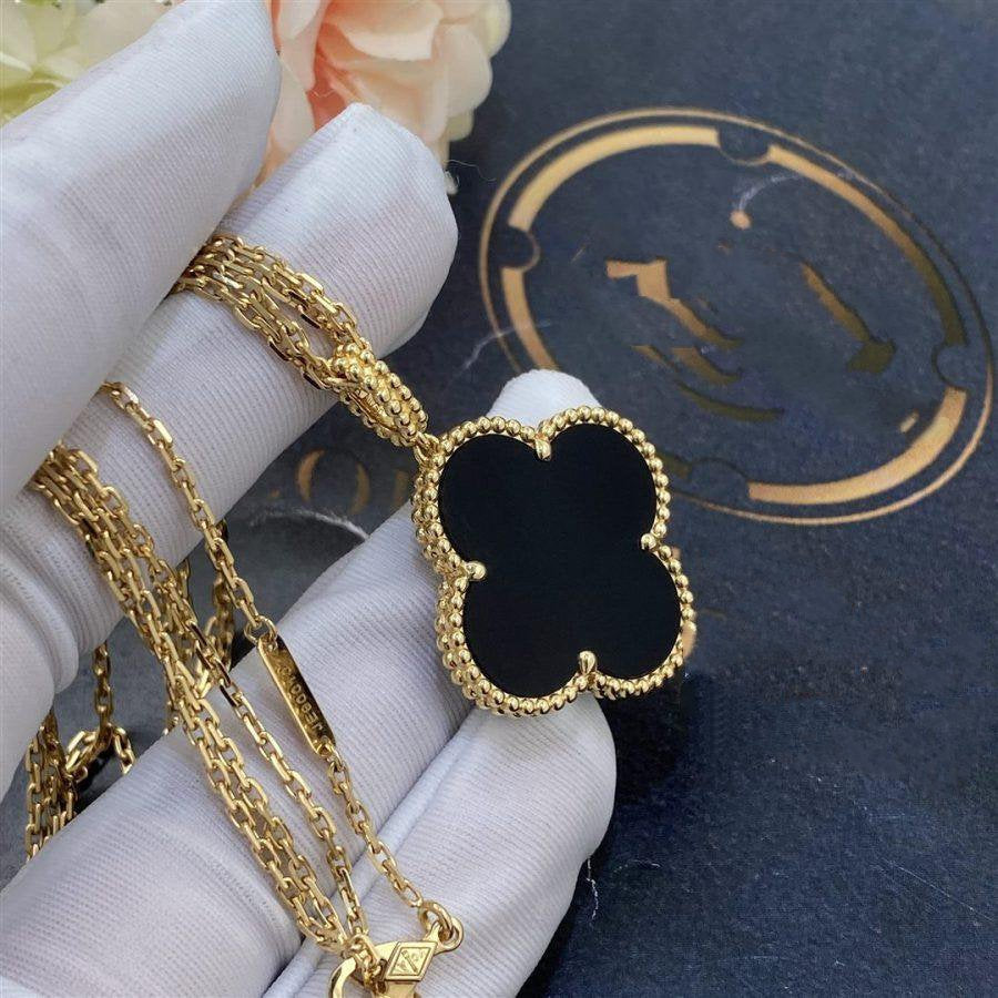 [AuraEcho Jewelry]CLOVER 25MM GOLD ONYX BIG CLOVER NECKLACE