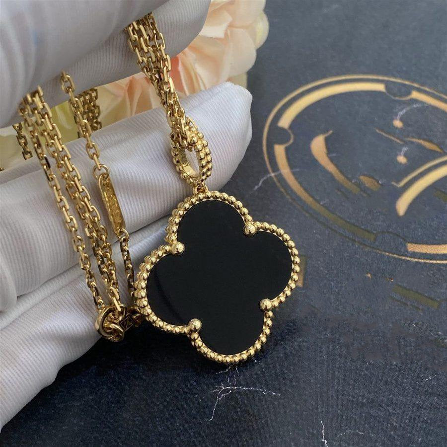 [AuraEcho Jewelry]CLOVER 25MM GOLD ONYX BIG CLOVER NECKLACE