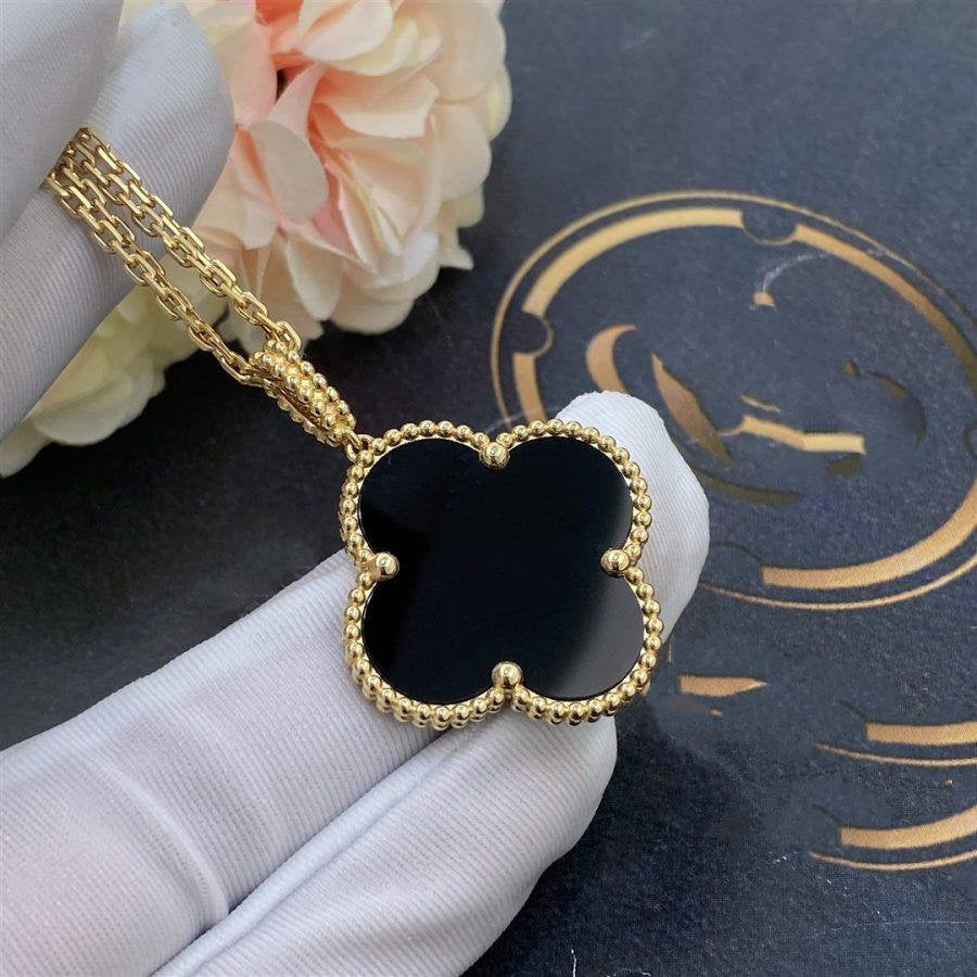 [AuraEcho Jewelry]CLOVER 25MM GOLD ONYX BIG CLOVER NECKLACE