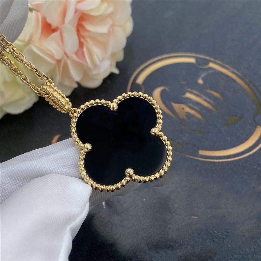 [AuraEcho Jewelry]CLOVER 25MM GOLD ONYX BIG CLOVER NECKLACE