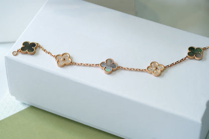 [AuraEcho Jewelry]CLOVER 5 MOTIFS DARK MOP AND DIAMONDS PINK GOLD BRACELET