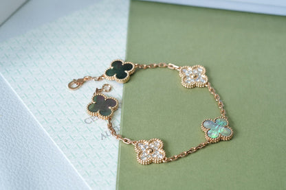 [AuraEcho Jewelry]CLOVER 5 MOTIFS DARK MOP AND DIAMONDS PINK GOLD BRACELET