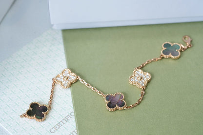 [AuraEcho Jewelry]CLOVER 5 MOTIFS DARK MOP AND DIAMONDS PINK GOLD BRACELET