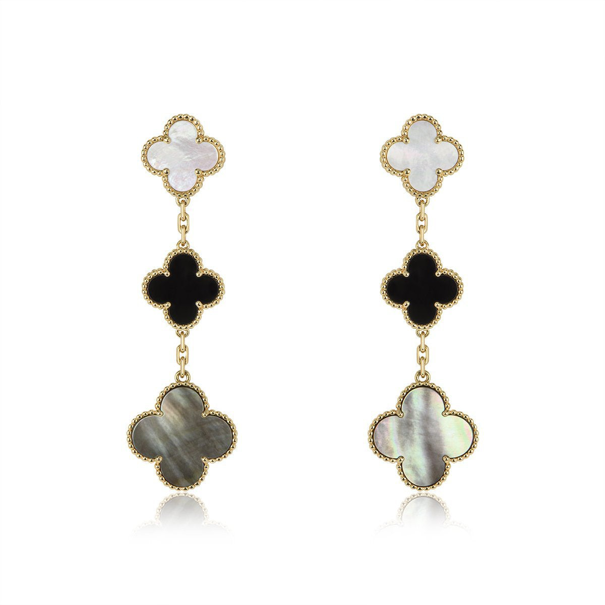 [AuraEcho Jewelry]CLOVER EARRINGS GOLD ONYX MOP 3 MOTIF