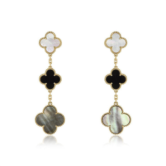 [AuraEcho Jewelry]CLOVER EARRINGS GOLD ONYX MOP 3 MOTIF